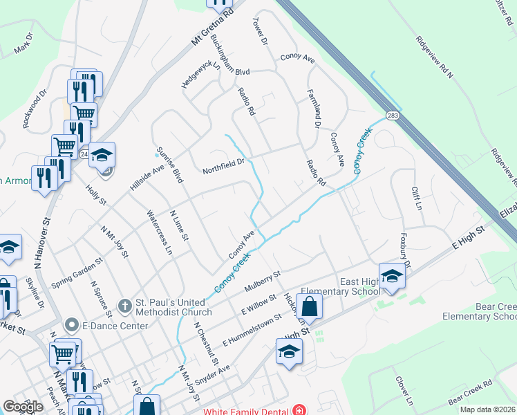 map of restaurants, bars, coffee shops, grocery stores, and more near 953 Spring Garden Street in Elizabethtown