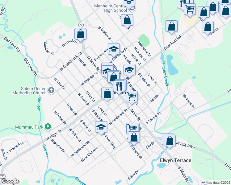 map of restaurants, bars, coffee shops, grocery stores, and more near in Manheim
