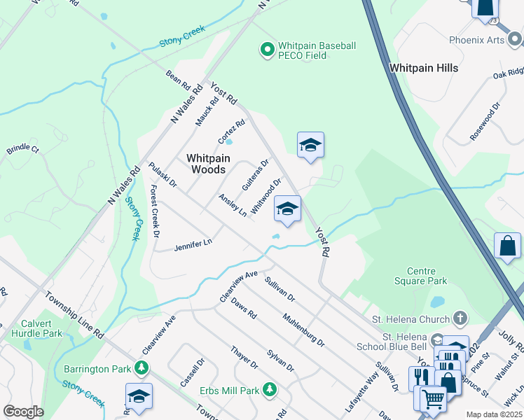 map of restaurants, bars, coffee shops, grocery stores, and more near 1462 Whitwood Drive in Blue Bell