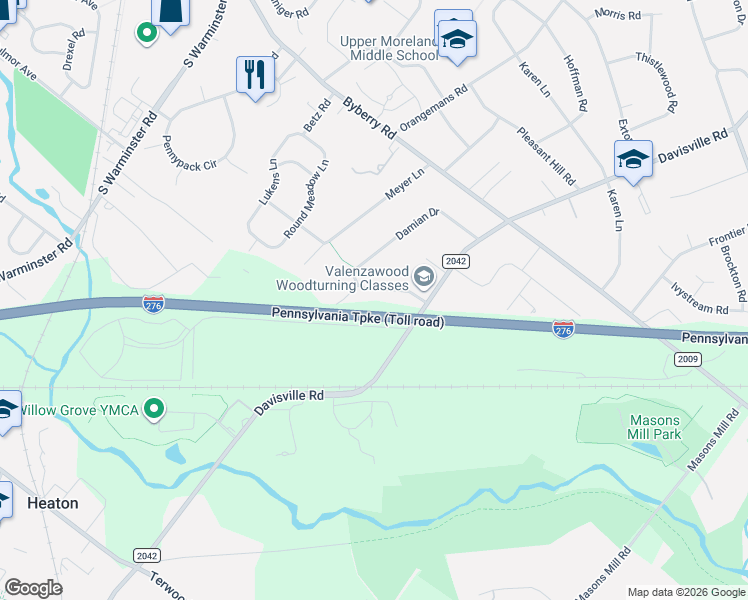 map of restaurants, bars, coffee shops, grocery stores, and more near 2517 Damian Drive in Hatboro