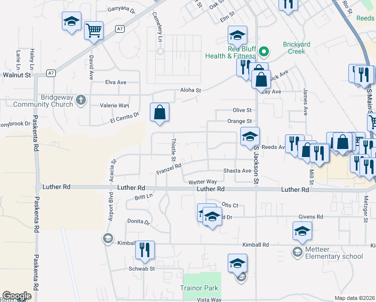 map of restaurants, bars, coffee shops, grocery stores, and more near 1235 Larkspur Court in Red Bluff