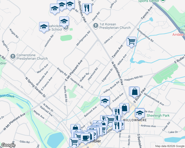 map of restaurants, bars, coffee shops, grocery stores, and more near Haywood Road in Ambler