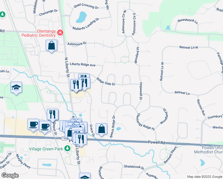 map of restaurants, bars, coffee shops, grocery stores, and more near 239 Ridge Side Drive in Powell