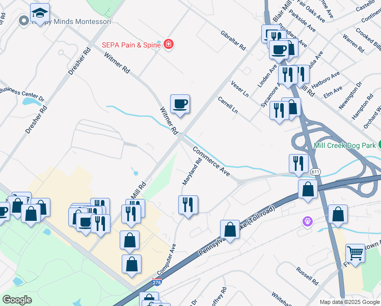 map of restaurants, bars, coffee shops, grocery stores, and more near 3980 Commerce Avenue in Willow Grove