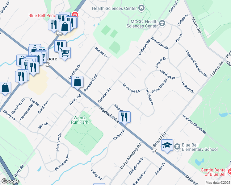 map of restaurants, bars, coffee shops, grocery stores, and more near 1088 Boxwood Lane in Blue Bell