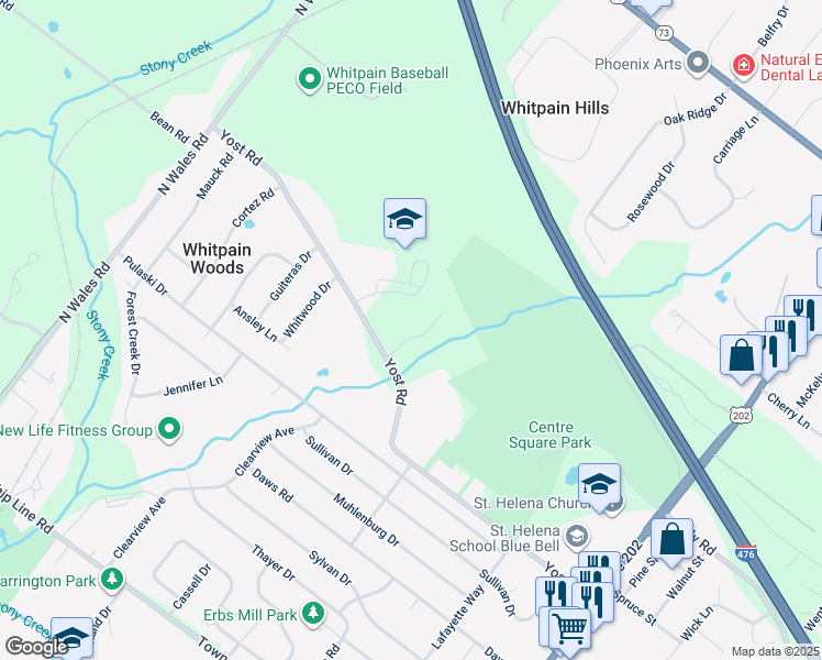 map of restaurants, bars, coffee shops, grocery stores, and more near 1471 Creek View Lane in Blue Bell