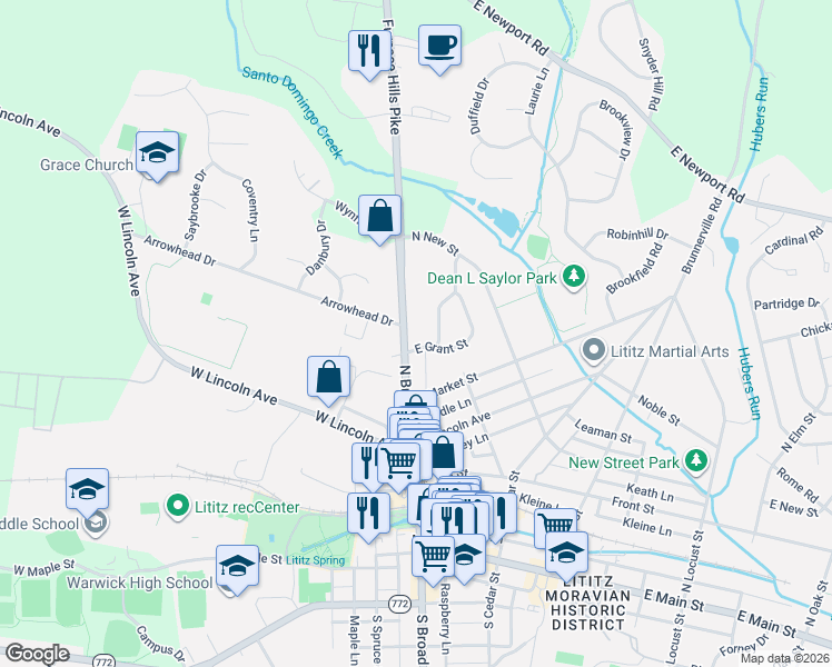 map of restaurants, bars, coffee shops, grocery stores, and more near 351 North Broad Street in Lititz