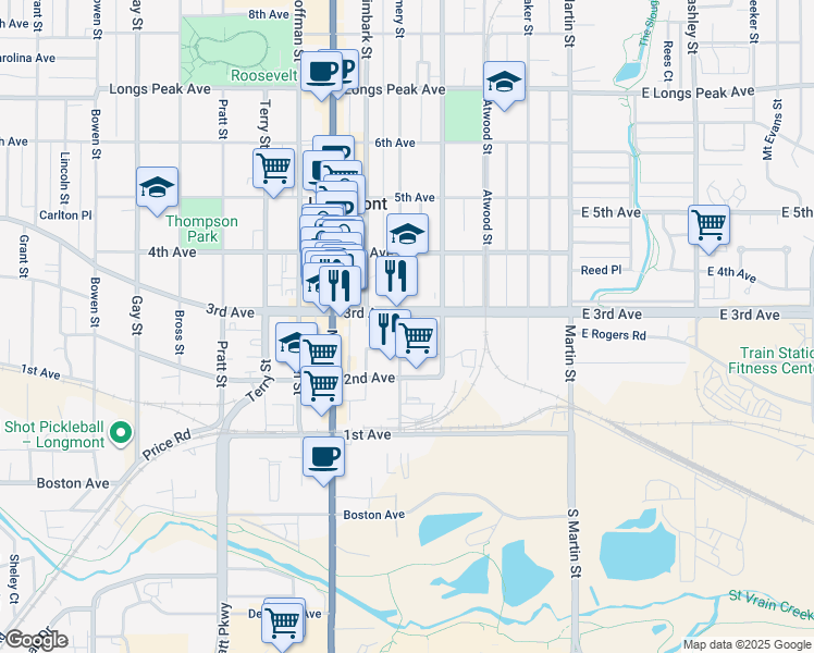 map of restaurants, bars, coffee shops, grocery stores, and more near 238 Emery Street in Longmont