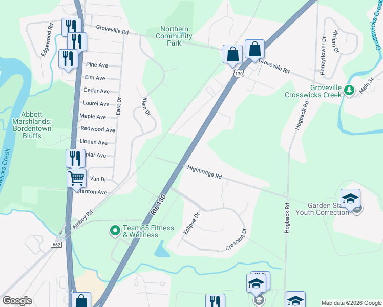 map of restaurants, bars, coffee shops, grocery stores, and more near 44 U.S. 130 in Bordentown