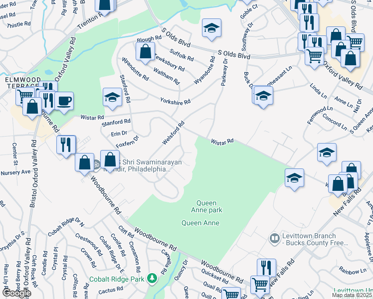 map of restaurants, bars, coffee shops, grocery stores, and more near 2 Eagle Circle in Fairless Hills
