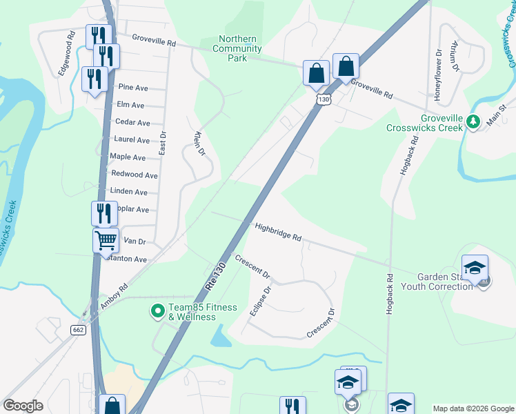 map of restaurants, bars, coffee shops, grocery stores, and more near 73 U.S. 130 in Bordentown