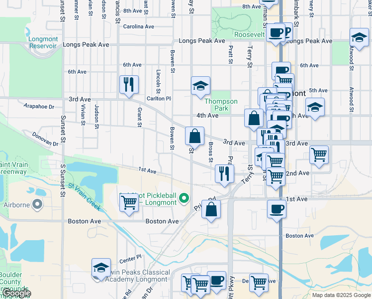 map of restaurants, bars, coffee shops, grocery stores, and more near 237 Gay Street in Longmont