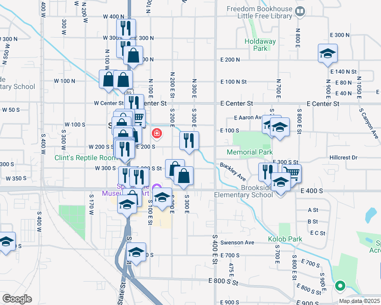 map of restaurants, bars, coffee shops, grocery stores, and more near 263 East 200 South in Springville