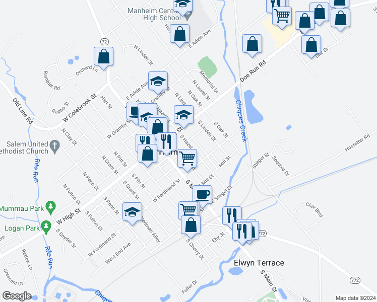 map of restaurants, bars, coffee shops, grocery stores, and more near 45 South Hazel Street in Manheim