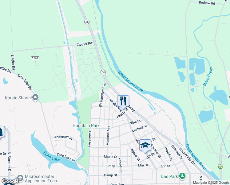 map of restaurants, bars, coffee shops, grocery stores, and more near 1722 Broadway in Piqua