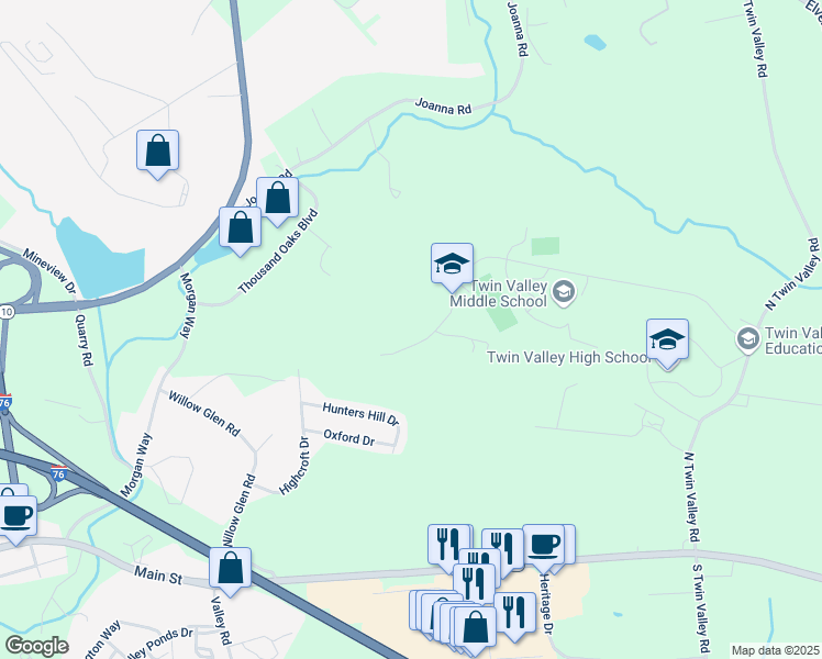 map of restaurants, bars, coffee shops, grocery stores, and more near 265 Clymer Hill Road in Elverson