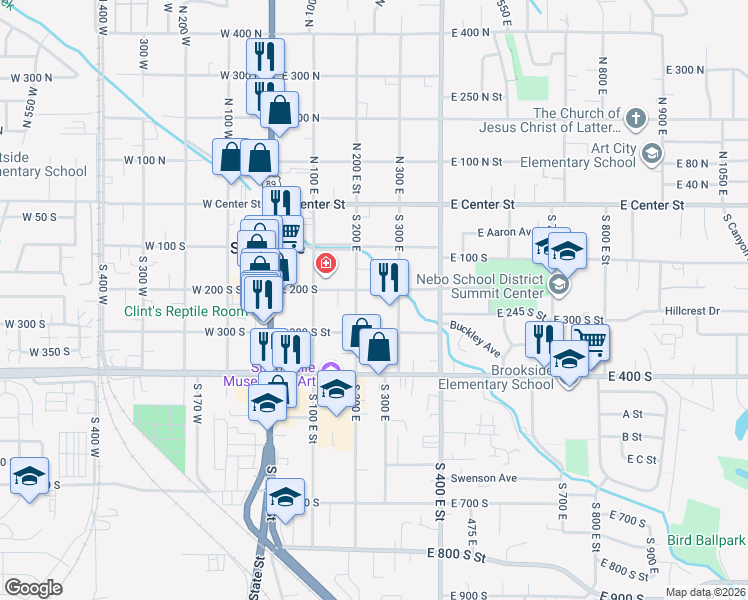 map of restaurants, bars, coffee shops, grocery stores, and more near 263 East 200 South in Springville