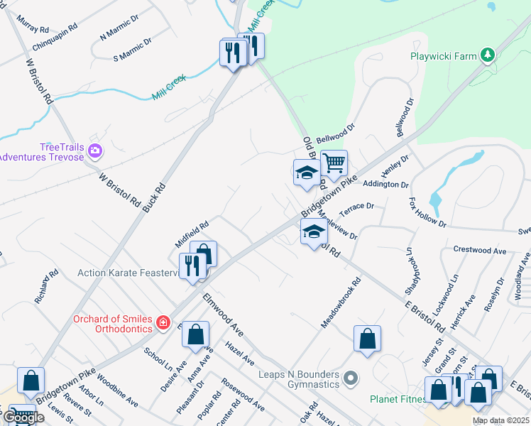 map of restaurants, bars, coffee shops, grocery stores, and more near 1940 Melissa Drive in Feasterville-Trevose