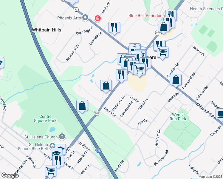 map of restaurants, bars, coffee shops, grocery stores, and more near 1145 Dekalb Pike in Blue Bell