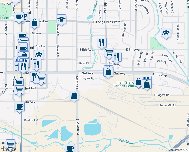 map of restaurants, bars, coffee shops, grocery stores, and more near 108 East Rogers Road in Longmont
