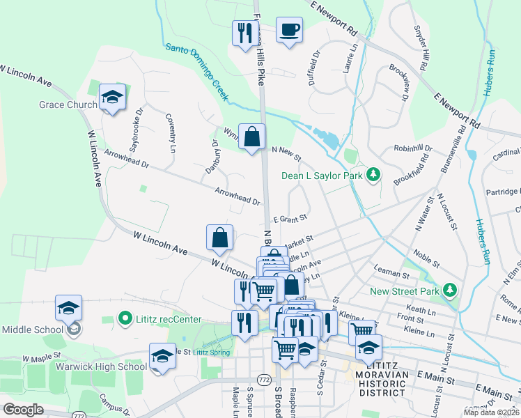 map of restaurants, bars, coffee shops, grocery stores, and more near 351 North Broad Street in Lititz