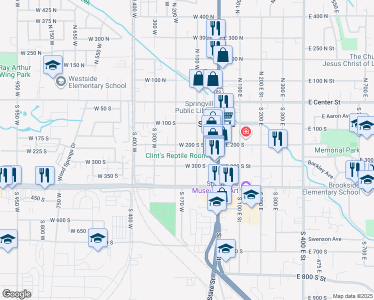 map of restaurants, bars, coffee shops, grocery stores, and more near 149 West 200 South Street in Springville
