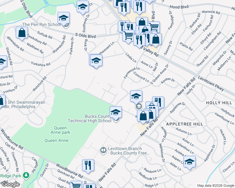 map of restaurants, bars, coffee shops, grocery stores, and more near 1020 Hidden Forest Court in Fairless Hills
