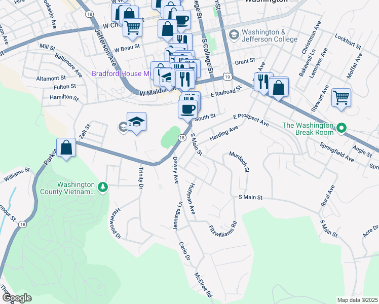 map of restaurants, bars, coffee shops, grocery stores, and more near 38 West Prospect Avenue in Washington