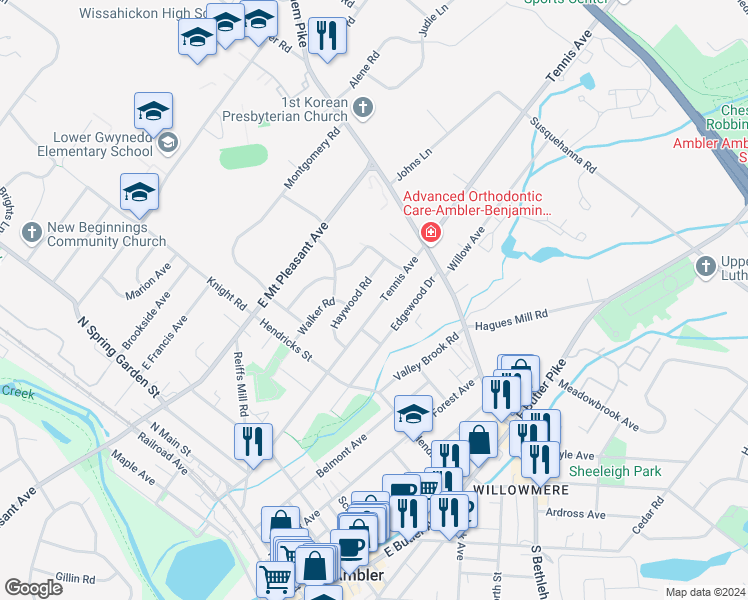 map of restaurants, bars, coffee shops, grocery stores, and more near 423 Tennis Avenue in Ambler