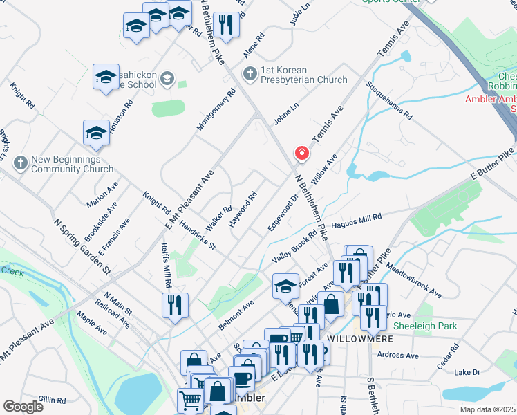 map of restaurants, bars, coffee shops, grocery stores, and more near 423 Tennis Avenue in Ambler