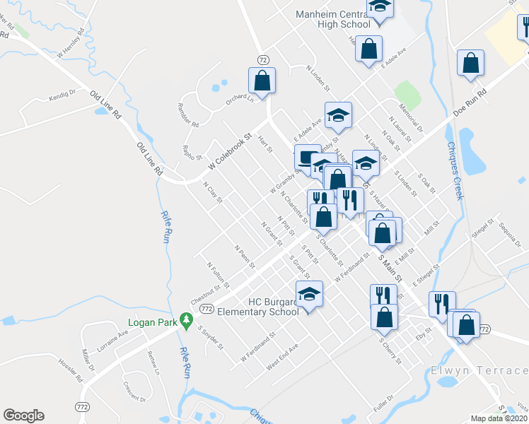 map of restaurants, bars, coffee shops, grocery stores, and more near 63 North Grant Street in Manheim