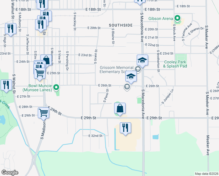 map of restaurants, bars, coffee shops, grocery stores, and more near 1208-1298 E 26th St in Muncie