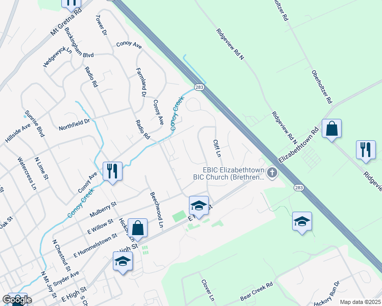 map of restaurants, bars, coffee shops, grocery stores, and more near 10 Cranfield Court in Elizabethtown