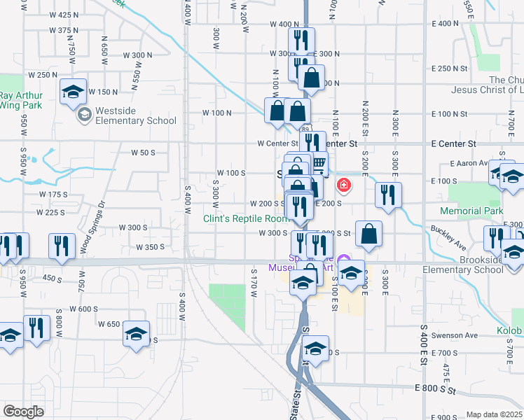 map of restaurants, bars, coffee shops, grocery stores, and more near 145 West 200 South Street in Springville