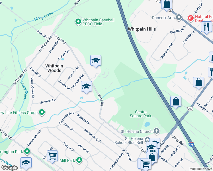 map of restaurants, bars, coffee shops, grocery stores, and more near 1471 Creek View Lane in Blue Bell