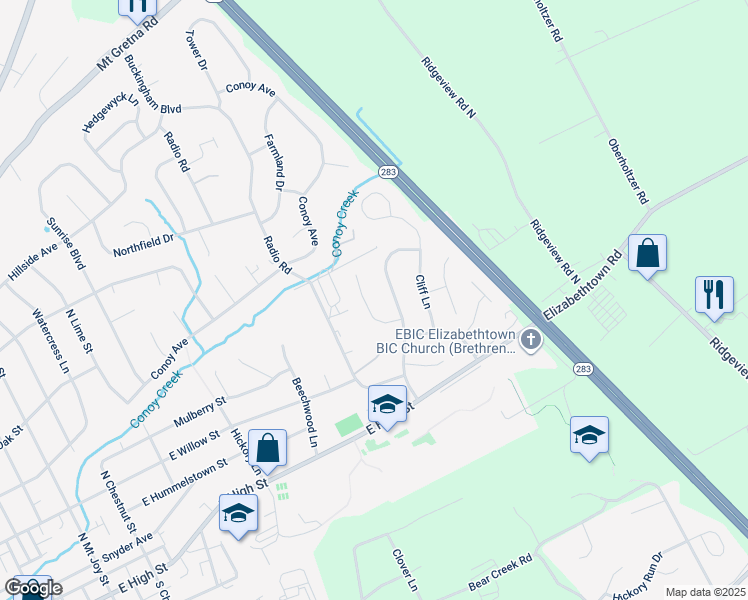 map of restaurants, bars, coffee shops, grocery stores, and more near 10 Cranfield Court in Elizabethtown
