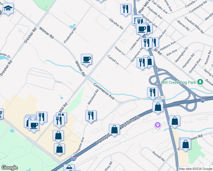 map of restaurants, bars, coffee shops, grocery stores, and more near 3941 Commerce Avenue in Willow Grove