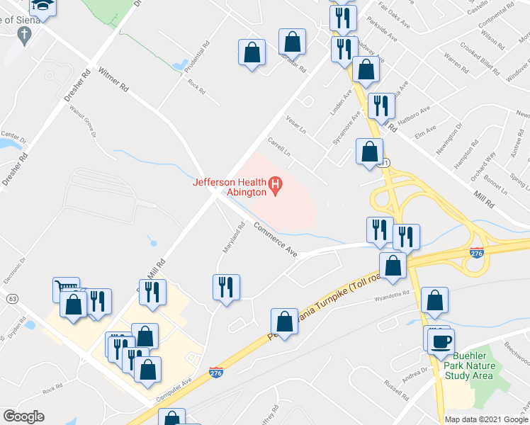 map of restaurants, bars, coffee shops, grocery stores, and more near 3941 Commerce Avenue in Willow Grove