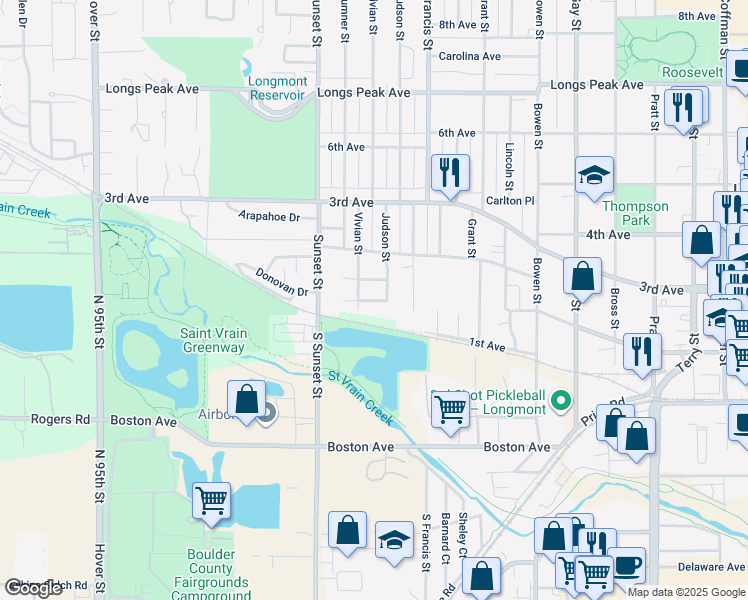 map of restaurants, bars, coffee shops, grocery stores, and more near 125 Judson Street in Longmont