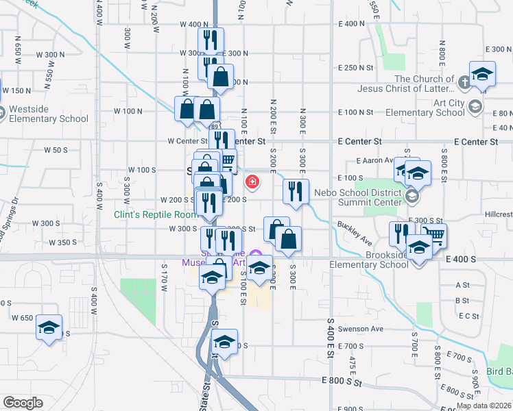 map of restaurants, bars, coffee shops, grocery stores, and more near 191 East 200 South in Springville