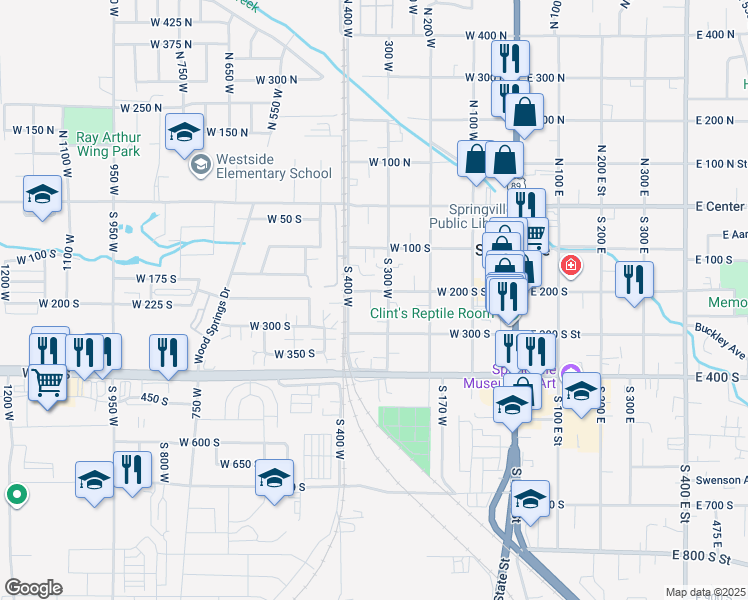 map of restaurants, bars, coffee shops, grocery stores, and more near 310 West 200 South Street in Springville