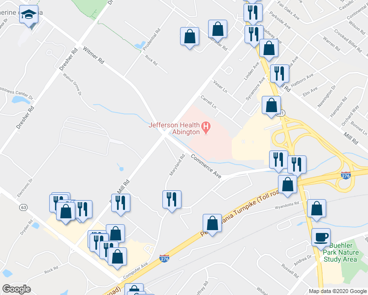 map of restaurants, bars, coffee shops, grocery stores, and more near 3980 Commerce Avenue in Willow Grove