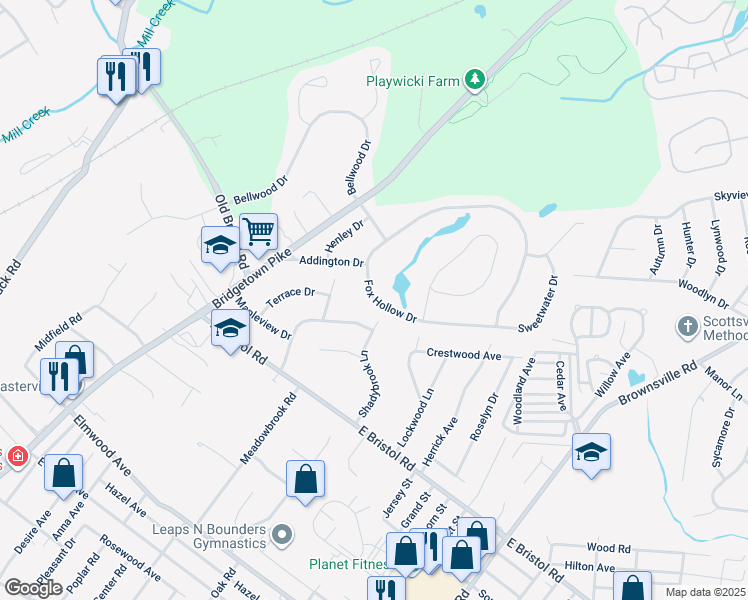 map of restaurants, bars, coffee shops, grocery stores, and more near 135 Fox Hollow Drive in Feasterville-Trevose