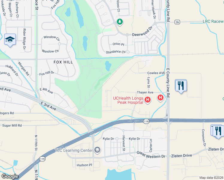 map of restaurants, bars, coffee shops, grocery stores, and more near 178 High Point Drive in Longmont
