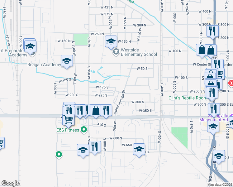 map of restaurants, bars, coffee shops, grocery stores, and more near 215 650 West in Springville
