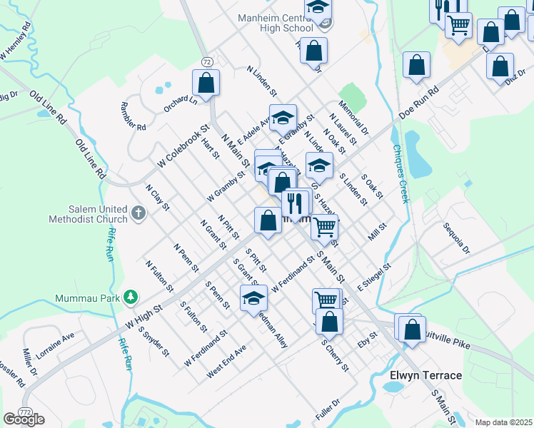 map of restaurants, bars, coffee shops, grocery stores, and more near 24 Market Square in Manheim