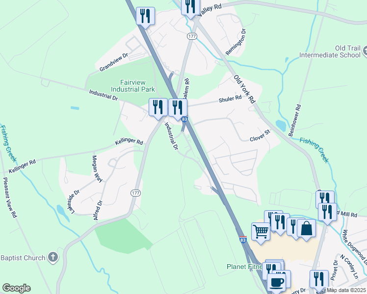 map of restaurants, bars, coffee shops, grocery stores, and more near Yorktown Road in York County