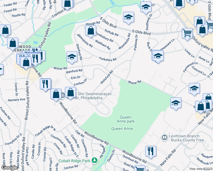 map of restaurants, bars, coffee shops, grocery stores, and more near 3 Hedgerow Drive in Fairless Hills