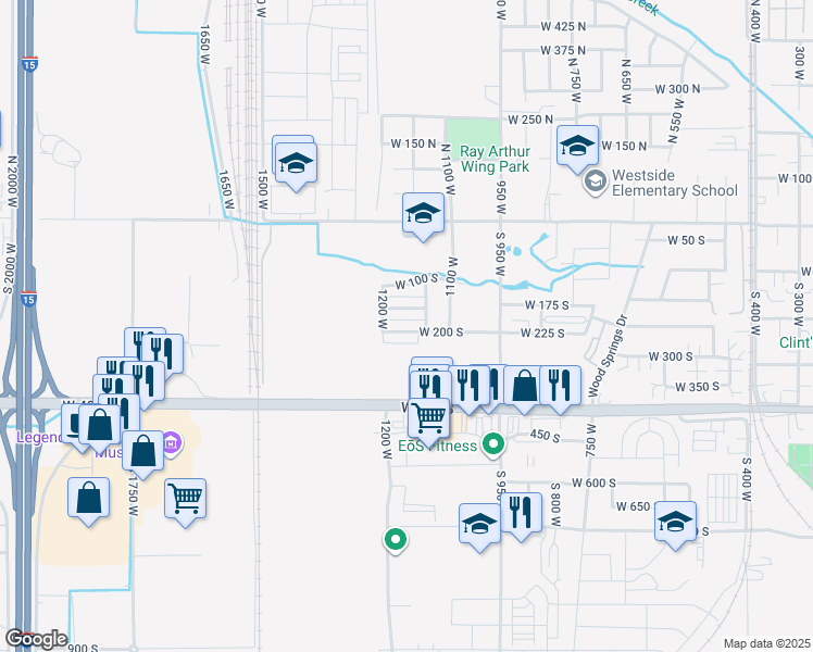 map of restaurants, bars, coffee shops, grocery stores, and more near 1166 West 200 South in Springville