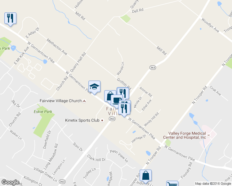 map of restaurants, bars, coffee shops, grocery stores, and more near 3019 West Germantown Pike in Norristown